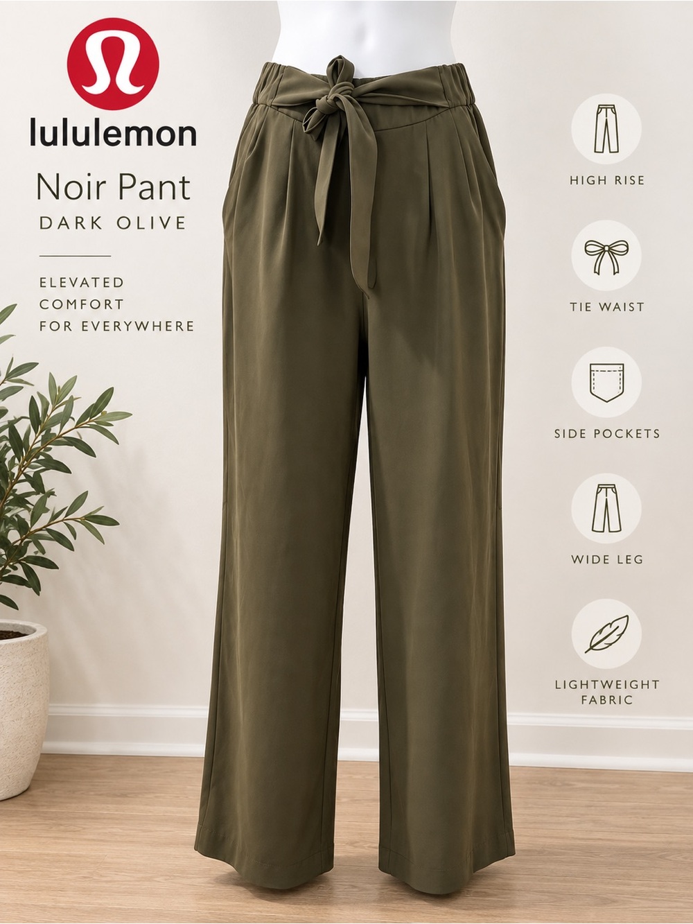 Lululemon Noir Pant Dark Olive Size 8 High Rise Wide Leg Tie Waist